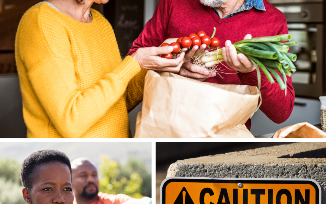 photo collage of two older adults unpacking groceries, a black woman working out with weights and a caution falls sign