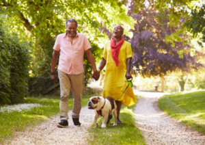 African American heterosexual couple walking bulldog on trail in summer